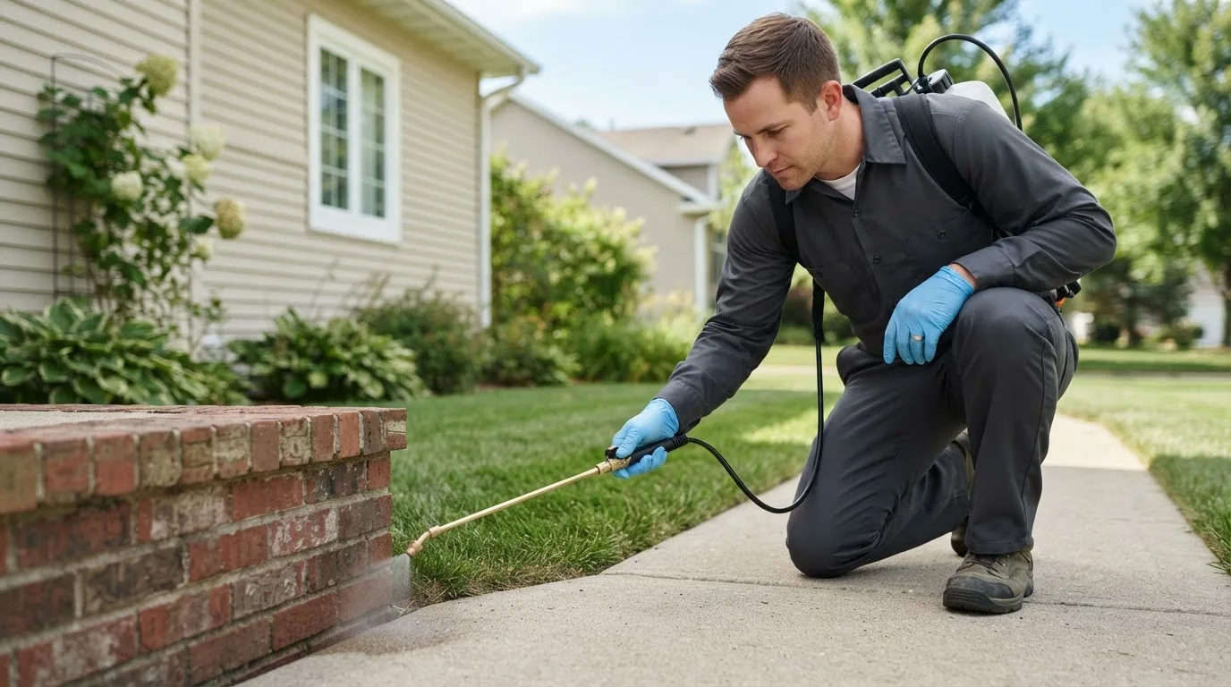 Pest control technician treating a home near Hartman, CO
