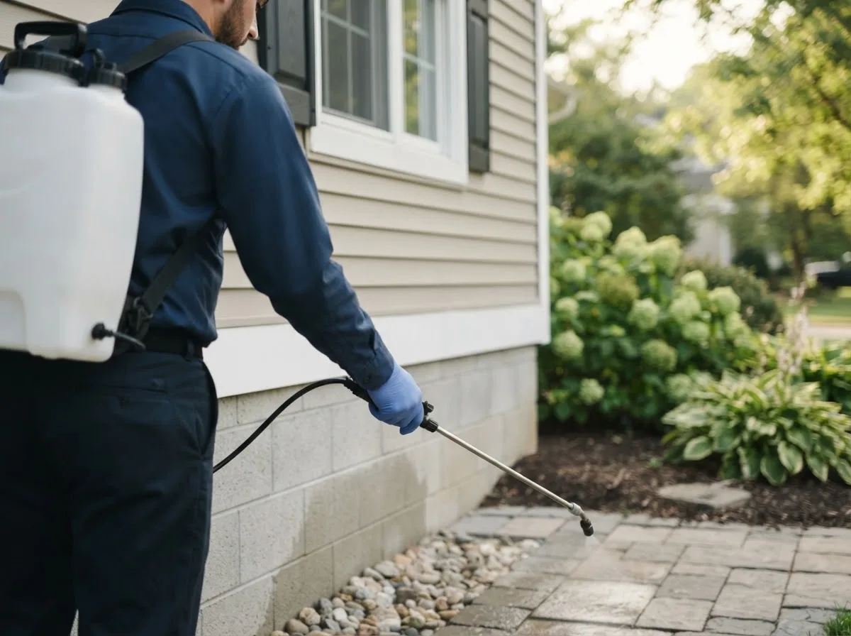 Pest control technician inspecting a home in Hartman, CO